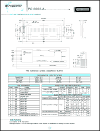 PC2002-A datasheet: 2 lines; 20 characters; dot size:0.60 x 0.65; dot pitch:0.65 x 0.70; LCD monitor PC2002-A