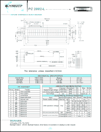 PC2002-L datasheet: 2 lines; 20 characters; dot size:0.95 x 1.10; dot pitch:0.98 x 1.16; LCD monitor PC2002-L