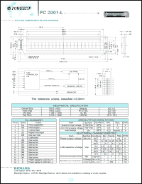 PC2001-L datasheet: 2 lines; 20 characters; dot size:1.152 x 1.765; dot pitch:1.212 x 1.825; LCD monitor PC2001-L