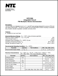 NTE1006 datasheet: Integrated circuit FM multiplex stereo demodulator. NTE1006