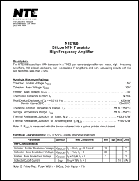 NTE108 datasheet: Silicon NPN transistor. High frecuency amplifier. NTE108