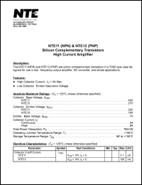 NTE12 datasheet: Silicon complementary transistor PNP. High current amplifier. NTE12