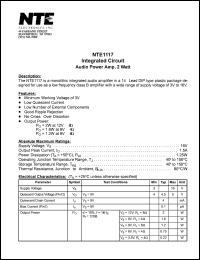 NTE1117 datasheet: Integrated circuit. Audio power amplifier, 2 watt NTE1117