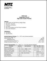 NTE1135 datasheet: Integrated circuit. High gain audio preamp. NTE1135