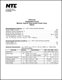 NTE1218 datasheet: Integrated circuit. Module, hybrid, dual audio power amp, 1W/Ch. NTE1218