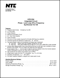 NTE1254 datasheet: Integrated circuit. Phase-lock loop (PLL) frequency. Synthesizer for CB. NTE1254