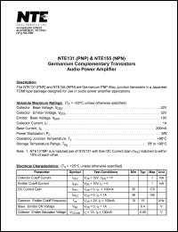 NTE155 datasheet: Germanium complementary NPN transistor. Audio power amplifier. NTE155