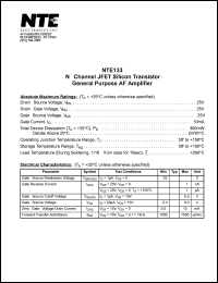 NTE133 datasheet: N-channel JFET silicon transistor. General purpose AF amplifier NTE133