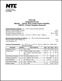 NTE1330 datasheet: Integrated circuit. Module - hybrid, dual, audio power amplifier, 15W/Ch, 2 power supplies required. NTE1330