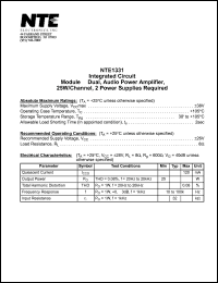 NTE1331 datasheet: Integrated circuit. Module - dual, audio power amplifier, 25W/Channel, 2 power supplies required. NTE1331