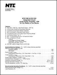 NTE1391 datasheet: Integrated circuit. Audio power amplifier, 12W for car radio or car stereo. NTE1391