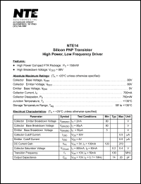 NTE14 datasheet: Silicon PNP transistor. High power, low frequency driver. NTE14