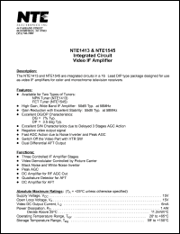 NTE1413 datasheet: Integrated circuit. Video IF amplifier. For NPN tuner NTE1413