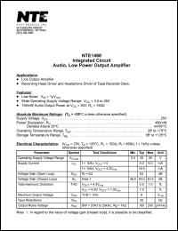 NTE1468 datasheet: Integrated circuit. Audio, low power output amplifier. NTE1468