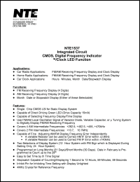 NTE1537 datasheet: Integrated circuit. CMOS, digital frequency indicatorw/clock LED function. NTE1537