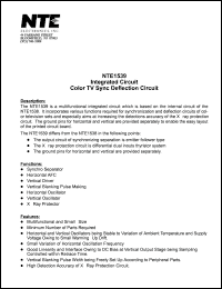 NTE1539 datasheet: Integrated circuit. Color TV sync deflection circuit. NTE1539