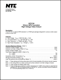 NTE154 datasheet: Silicon NPN transistor high voltage video output. NTE154