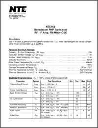 NTE160 datasheet: Germanium PNP transistor. RF-IF amp, FM mixer OSC. NTE160