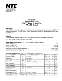 NTE1620 datasheet: Integrated circuit. B/W TV video IF amplifier, RF AGC circuit. NTE1620