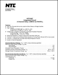 NTE1667 datasheet: Integrated circuit. 2 channel amp, 2.3W/Ch (4.7W BTL). NTE1667