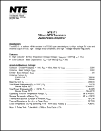 NTE171 datasheet: Silicon NPN transistor. Audio/video amplifier. NTE171