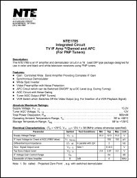 NTE1785 datasheet: Integrated circuit. TV IF amp w/demod and AFC (for PNP tuners) NTE1785
