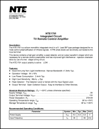 NTE1791 datasheet: Integrated circuit. TV remote control amplifier. NTE1791