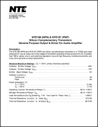 NTE186 datasheet: Silicon complementary NPN transistor. General purpose output & driver for audio amplifier. NTE186