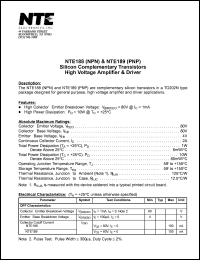 NTE188 datasheet: Silicon complementary NPN transistor. High voltage amplifier & driver. NTE188