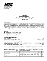 NTE1903 datasheet: Integrated circuit. 3 terminal negative voltage regulator -12V, 100mA. NTE1903