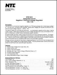 NTE1915 datasheet: Integrated circuit. Negative 3 terminal voltage regulator, -12V, 1.5A. NTE1915
