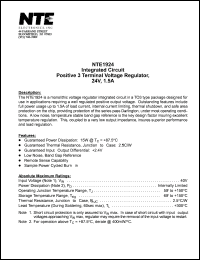 NTE1924 datasheet: Integrated circuit. Positive 3 terminal voltage regulator, 24V, 1.5A. NTE1924