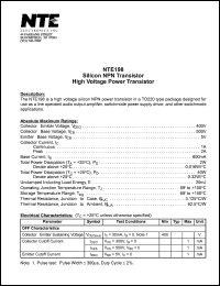 NTE198 datasheet: Silicon NPN transistor. High voltage power transistor. NTE198