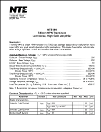 NTE199 datasheet: Silicon NPN transistor. Low noise, high gain amplifier. NTE199