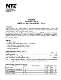 NTE2102 datasheet: Integrated circuit. NMOS, 1K static RAM (SRAM), 35ns. NTE2102