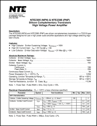 NTE2305 datasheet: Silicon complementary NPN transistor. High voltage power amplifier. NTE2305