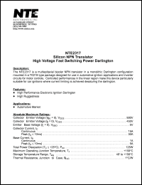 NTE2317 datasheet: Silicon NPN transistor. High voltage fast switching power darlington. NTE2317