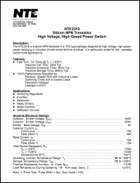NTE2319 datasheet: Silicon NPN transistor. High voltage, high speed power switch. NTE2319