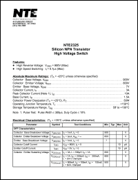 NTE2325 datasheet: Silicon NPN transistor. High voltage switch. NTE2325