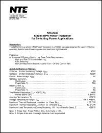 NTE2333 datasheet: Silicon NPN power transistor for switching power applications. NTE2333