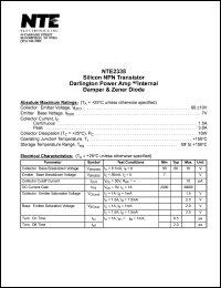 NTE2338 datasheet: Silicon NPN transistor. Darlington power amp w/internal damper & zener diode. NTE2338