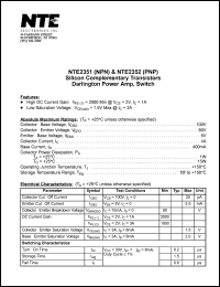 NTE2352 datasheet: Silicon complementary PNP transistor. Darlington power amp, switch. NTE2352