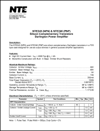 NTE246 datasheet: Silicon complementary PNP transistor. Darlington power amplifier. NTE246