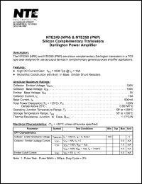 NTE249 datasheet: Silicon complementary NPN transistor. Darlington power amplifier. NTE249