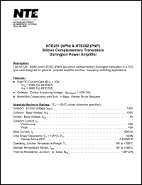 NTE252 datasheet: Silicon complementary PNP transistor. Darlington power aplifier. NTE252