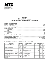 NTE2557 datasheet: Silicon NPN transistor. Darlington, high voltage switch, power amp. NTE2557