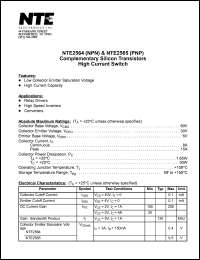 NTE2564 datasheet: Silicon complementary NPN transistor. High current switch. NTE2564