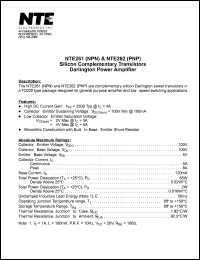 NTE262 datasheet: Silicon complementary PNP transistor. Darlington power amplifier. NTE262