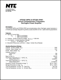 NTE264 datasheet: Silicon complementary PNP transistor. Darlington power amplifier. NTE264