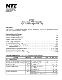 NTE27 datasheet: Germanium PNP transistor. High current, high gain amp. NTE27